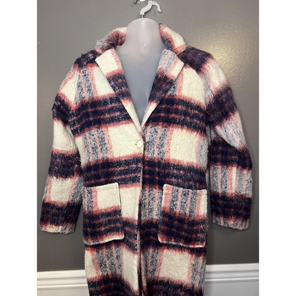 Glamorous Coat Womens Medium Pink Navy Cream Plaid Wool Blend Long Lined Boucle - Picture 1 of 10